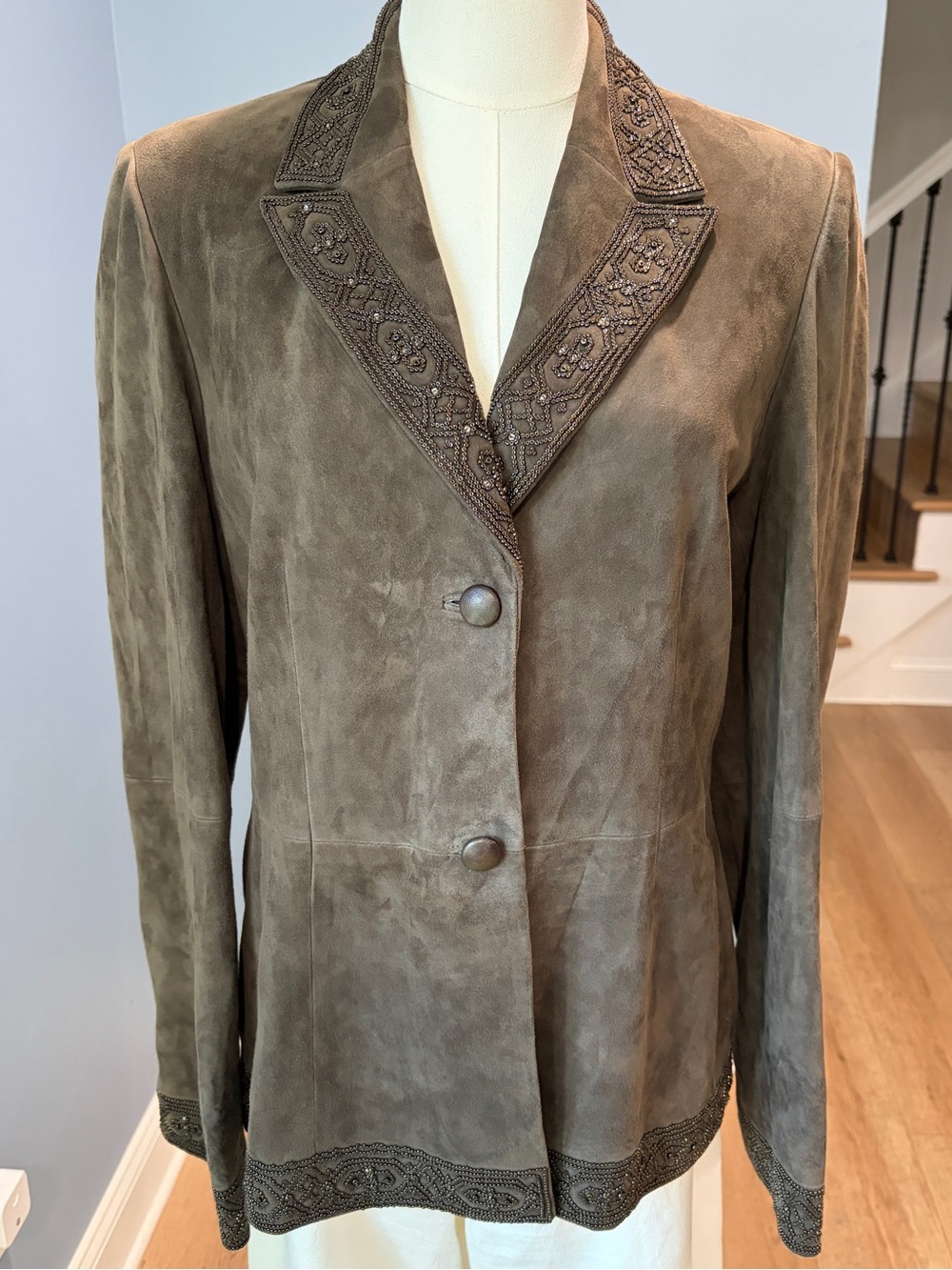 Carlisle Brown Suede Beaded Jacket Blazer Size 8 Embellished Leather Western